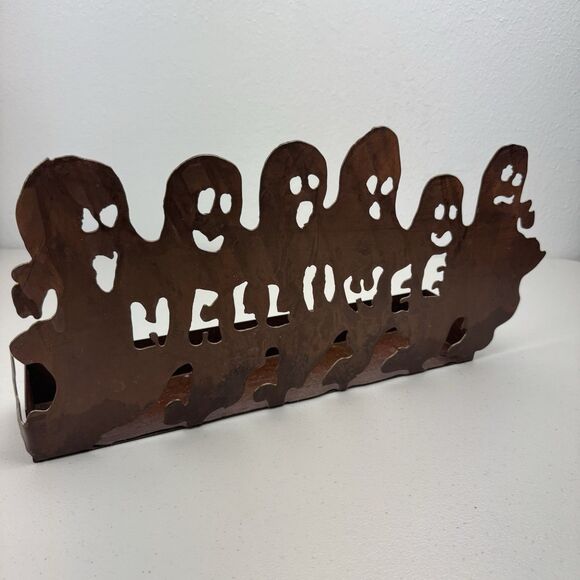 Halloween Tealight Candle Holder Rustic Metal Ghost BOO 14"x10"x3" Cut Out - Picture 2 of 6